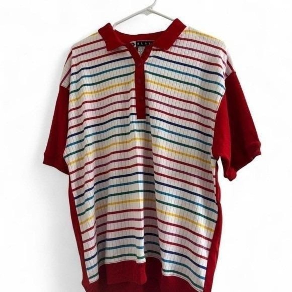 BLAST‎ Red Striped Polo Shirt Rainbow Collar Buttons Size L #Vintage #80's